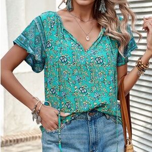 Turquoise Green Floral Printed Boho Short Sleeve Shirt